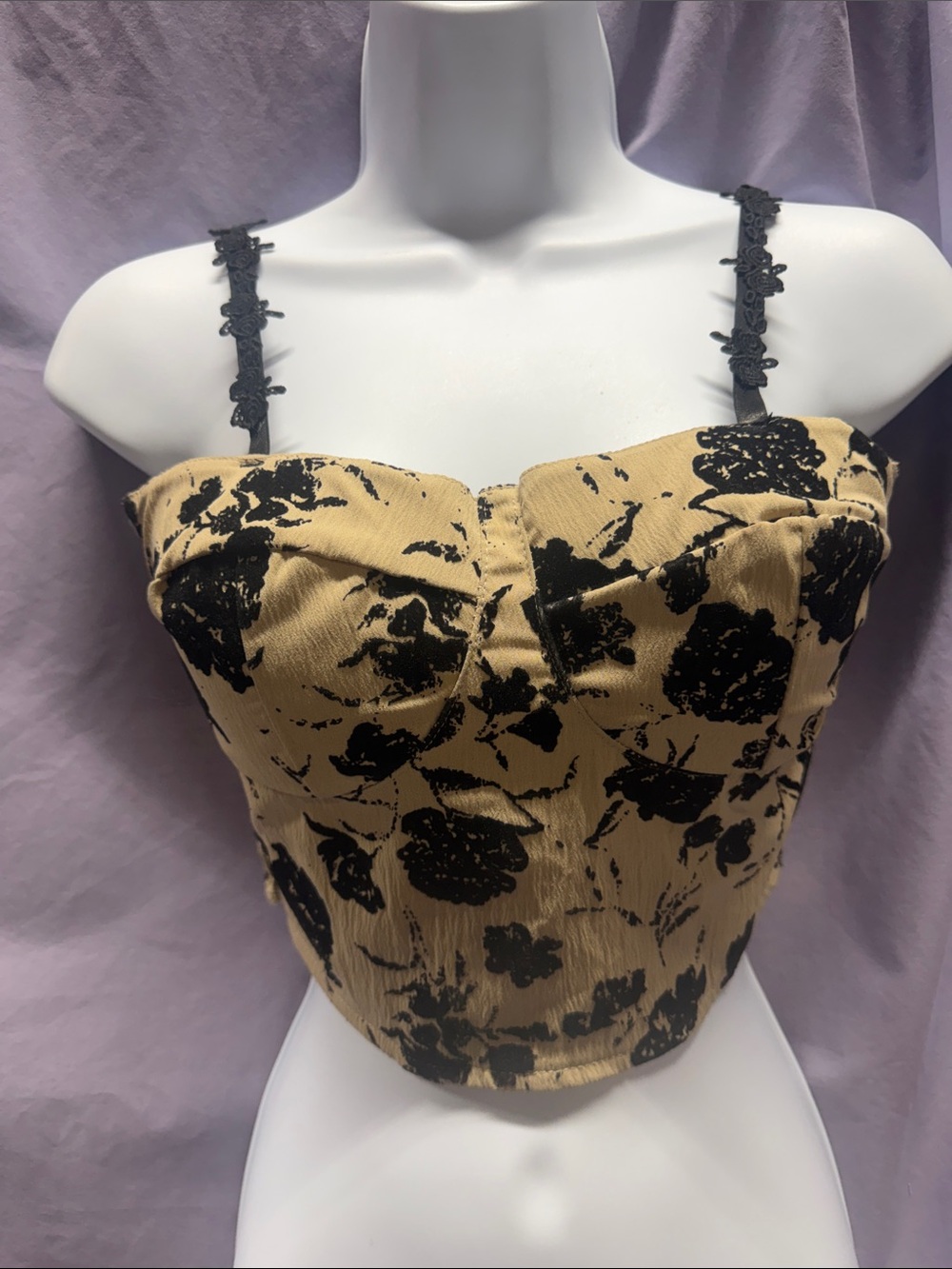 Black Floral Printed Bustier Crop Top in Tan